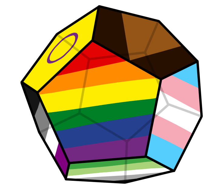 Dodecahedron whose faces show the colours of the queer pride, trans, intersex, aro, and ace flags, with the black and brown stripes of the progress pride flag on another face.